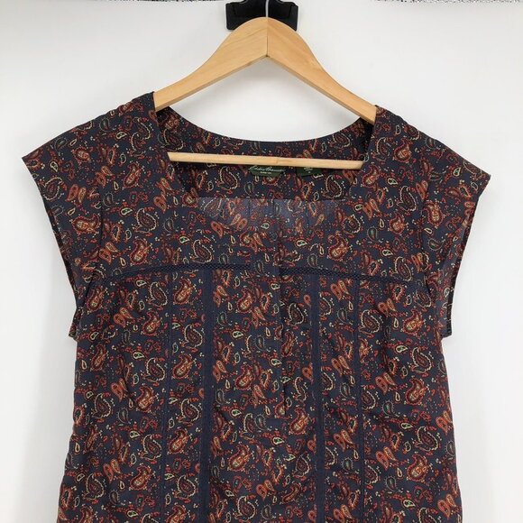Eddie Bauer Navy burgundy Paisley cap sleeve button front lace cutout blouse Med - Picture 3 of 15